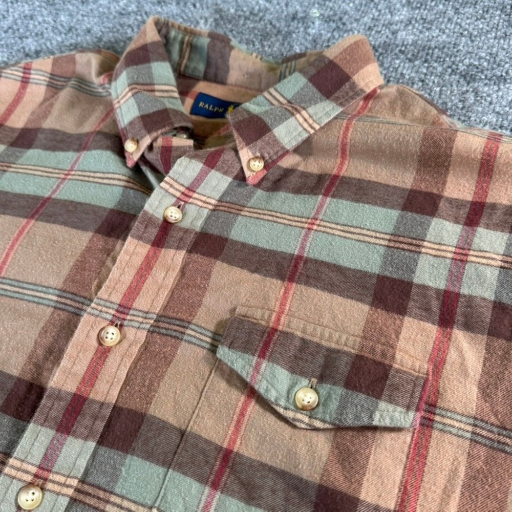 Ralph Lauren Flannel Shirt Mens XL Plaid Elbow Patch Cotton Button Down Brown